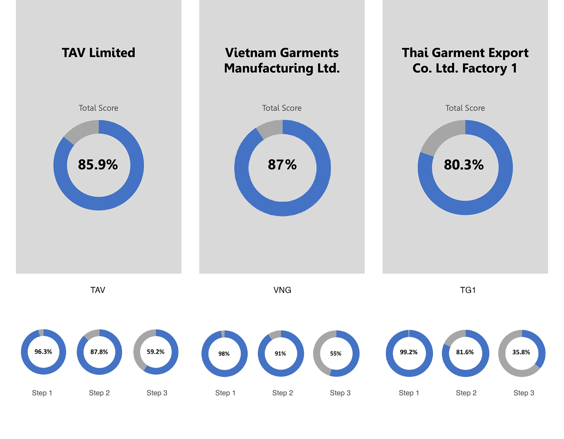 A group of blue and grey pie charts

Description automatically generated
